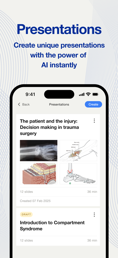 AO Companion - A mobile app screen for the AO Companion showing the AI-powered presentation creator for orthopedic trauma surgery topics.
