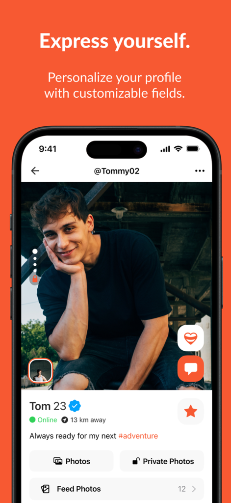 Hornet app screenshot showing a young man's verified profile with bio, distance, and photo sections.