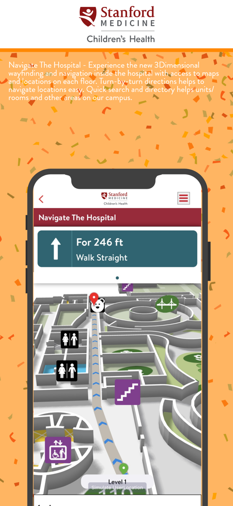 Stanford Children's - Stanford Children's app screenshot showing 3D hospital navigation with turn-by-turn walking directions.