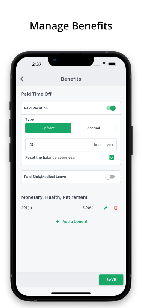 DoEmploy: Payroll & Attendance - Smartphone screen showing employee benefits management in the DoEmploy app with settings for vacation and 401k