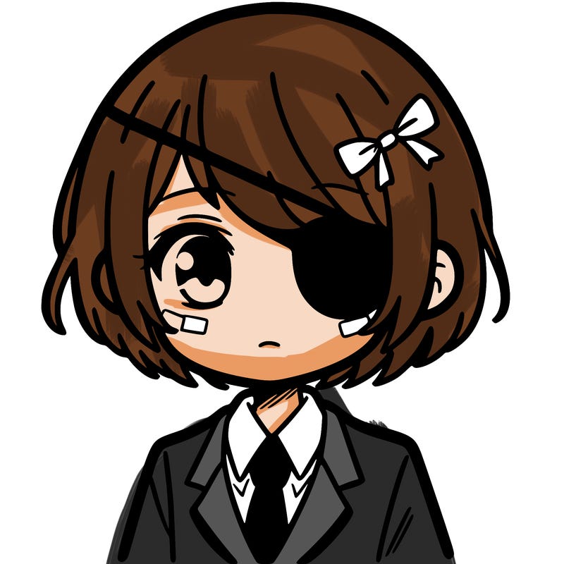 girl with short hair wearing a suit and eyepatch