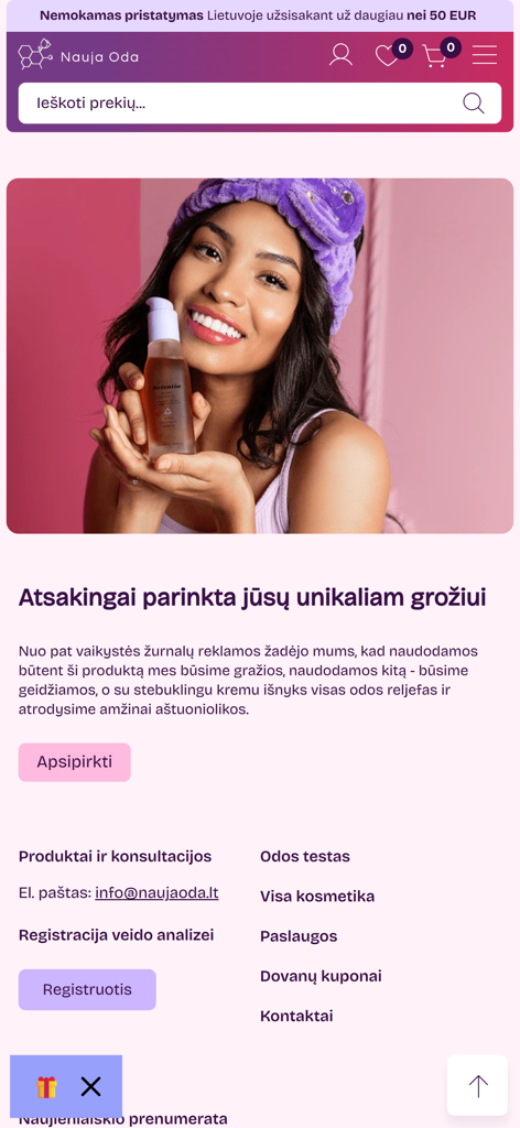NaujaOda.lt - NaujaOda mobile app home screen showing curated skincare products and professional skin analysis registration
