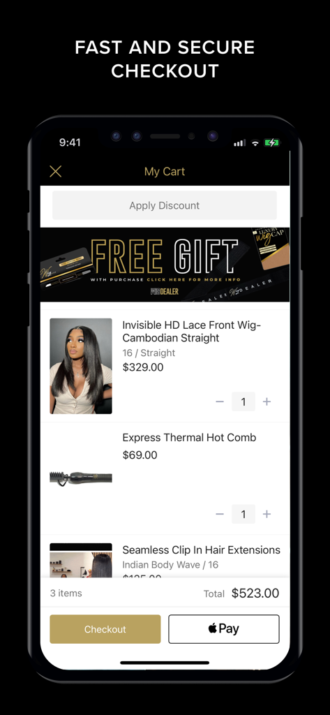 Wigdealer - iPhone screen showing the Wigdealer app shopping cart with premium wigs and tools, featuring an Apple Pay checkout option.