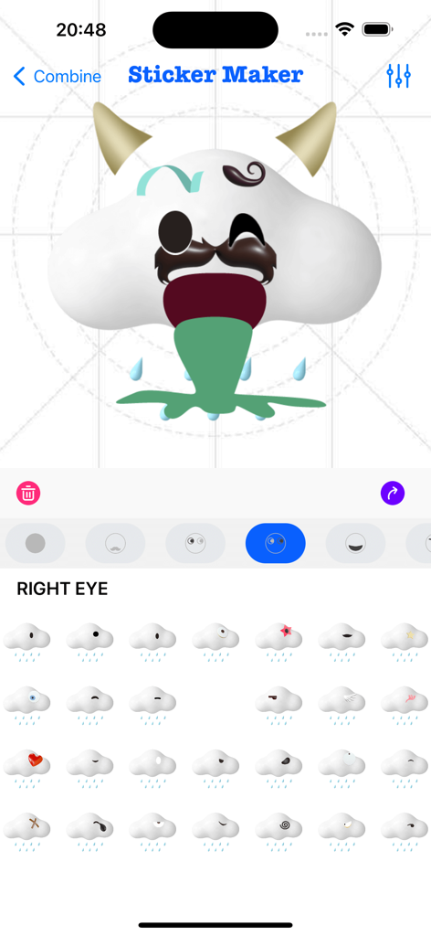 User interface of StickerMaker Keyboard showing a custom emoji sticker being created by combining different parts