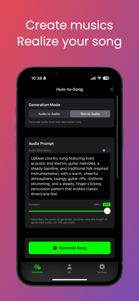 HumToSong - HumToSong app interface showing the text to audio generation mode with a country song prompt
