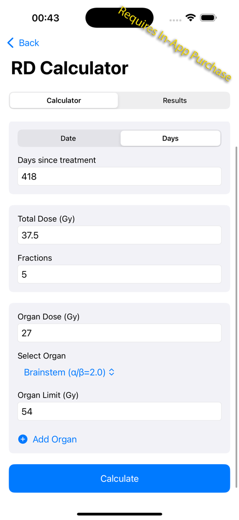 RD Calculator interface in the Radiotherapy Tools app showing radiation dose calculations and organ limit parameters