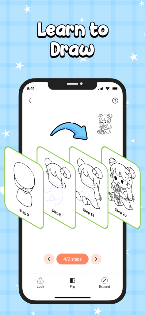 AR Drawing: Draw Sketch, Paint - ARドローイングアプリの画面に、ちびキャラを描くためのステップバイステップレッスンが表示されている。