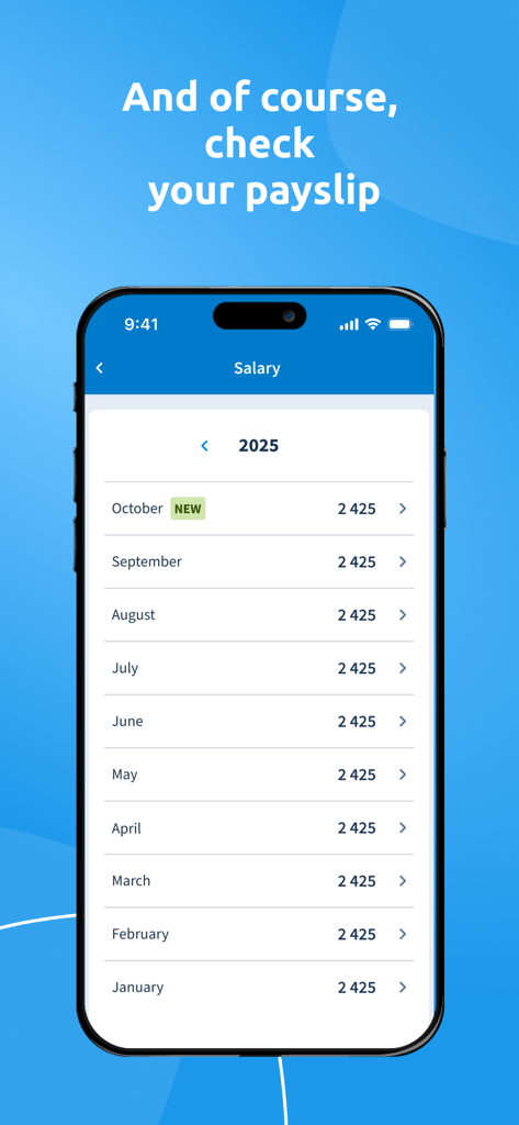Tela de smartphone mostrando a visão geral salarial do aplicativo Nmbrs ESS com uma lista de contracheques mensais para 2025