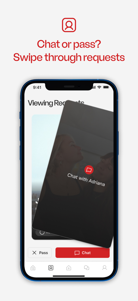 Friends of Friendz - Uma tela de smartphone mostrando a interface do aplicativo Friends of Friendz para deslizar para conversar ou rejeitar solicitações de visita de colegas de quarto.