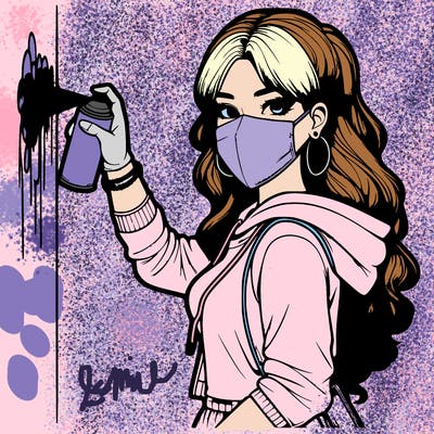realistic girl with mask spray painting a wall