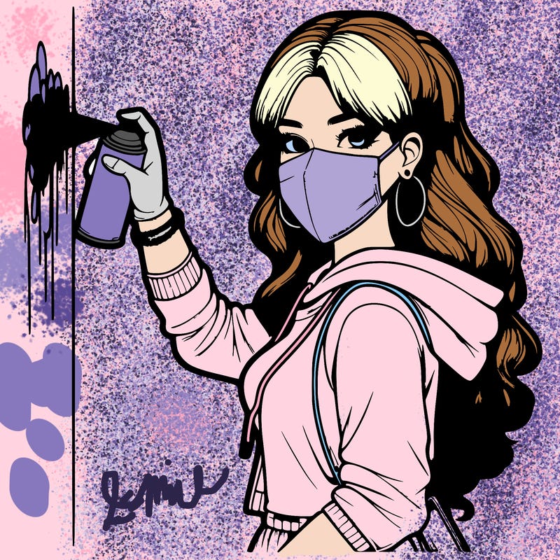 realistic girl with mask spray painting a wall