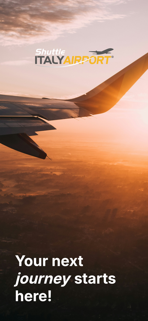 Shuttle Italy Airport App Startbildschirm mit einem Flugzeugflügel über einer Sonnenuntergangslandschaft