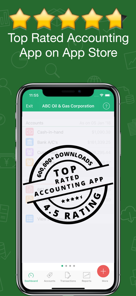 Smartphone showing Book Keeper Accounting app dashboard with a top rating badge and over 600,000 downloads