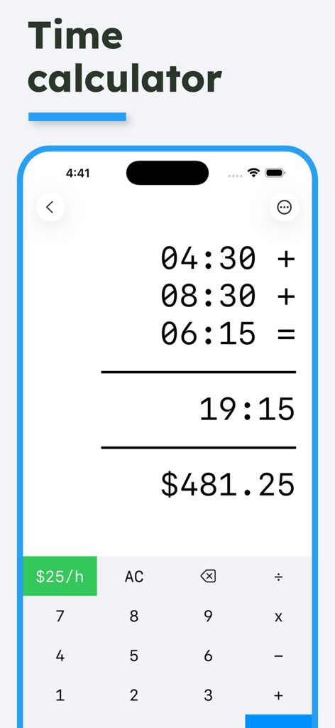 Interface do aplicativo Calculadora de Tempo exibindo a adição de horas de trabalho e o cálculo dos ganhos totais com base em uma taxa horária