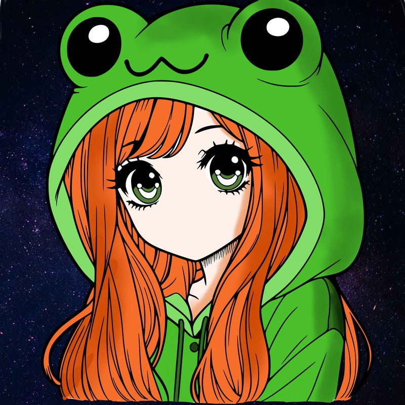 a pretty girl wearing a frog hoodie portrait with long hair
