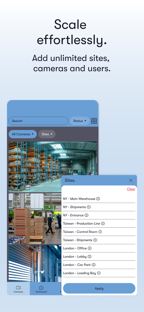 CCTV Connect mobile app interface displaying security camera management for multiple international business sites.