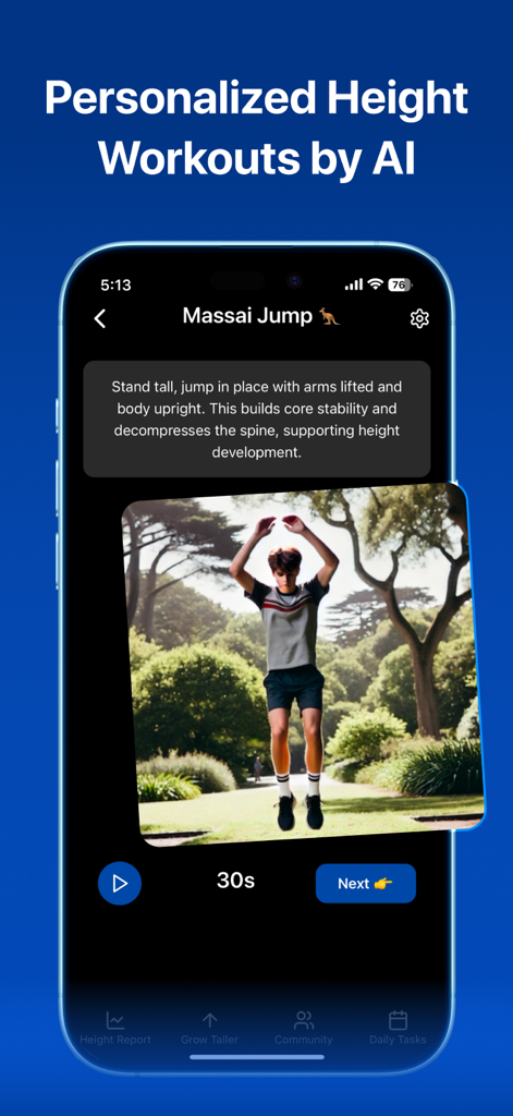 Taller AI app screen showing a personalized height growth exercise called Massai Jump