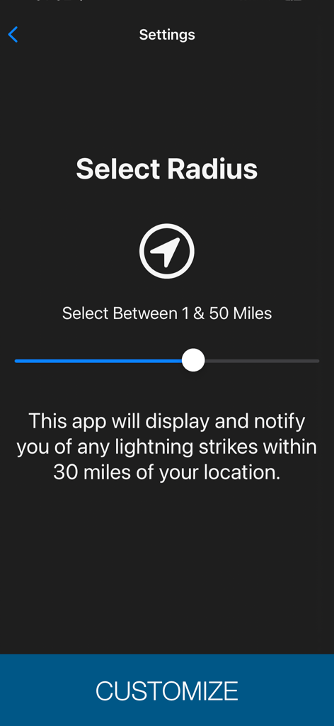 Tela de configurações para selecionar o raio de alerta de raios