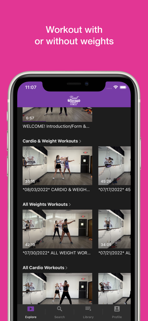 Beat Boxing Fitness - Interfaccia dell'app Beat Boxing Fitness che mostra una libreria di video di allenamenti cardio e con pesi