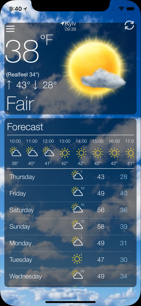 Weather  ٞ . - Weather app interface showing current temperature and a multi day forecast