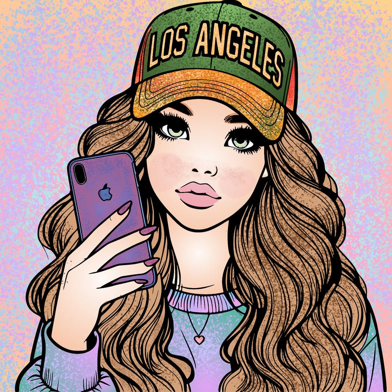 realistic beautiful girl wearing los ángeles cap holding an iphone