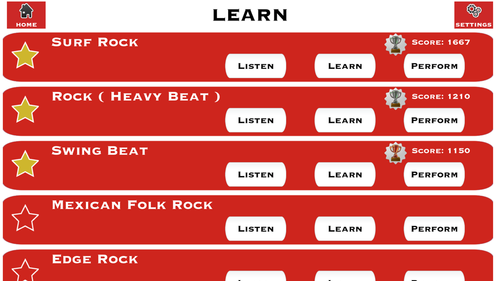 Drums with Beats - Drums with Beats app learn menu displaying various drum lessons with high scores and trophies