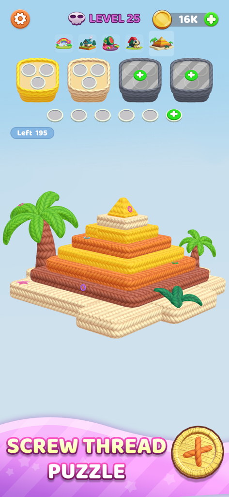 Yarn Fever Unravel Puzzleのゲームプレイ画面。カラフルな編み物の糸のピラミッドレベルが表示されています。