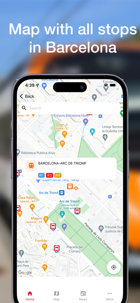 Barcelona Transports - Mobile app map showing all public transport stops and lines in Barcelona