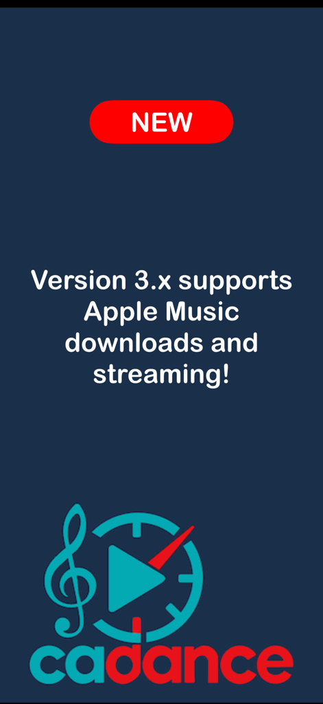 Cadance Dance Tempo Control - Écran promotionnel de l'application Cadance annonçant la prise en charge de la version 3 pour les téléchargements et le streaming Apple Music