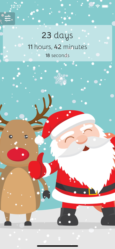 Christmas Countdown (2026) - Christmas Countdown app interface showing days until Christmas with cartoon Santa and reindeer