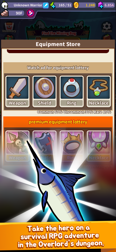 Hybrid Warrior - Tela da loja de equipamentos de Hybrid Warrior mostrando opções de loteria de armas e armaduras com um personagem estilizado de peixe-espada