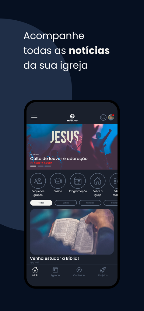 Plena Mosaico - Pantalla de inicio de la aplicación de iglesia Plena Mosaico mostrando noticias, transmisión en vivo de servicios religiosos y contenido de estudio bíblico