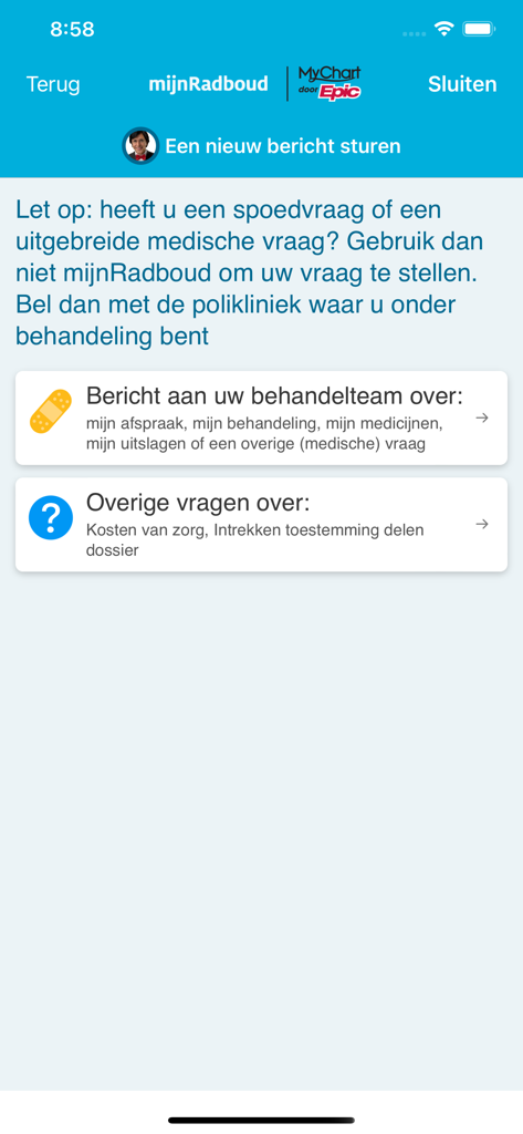 Écran de messagerie de l'application du portail patient mijnRadboud montrant les options pour contacter une équipe médicale