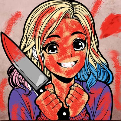 a realistic girl holding a knife and grinning