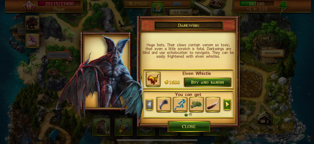 Mahjong Island - Tile Match - Una ventana de misión en Mahjong Island con la criatura Darkwing y recompensas por desterrarla.