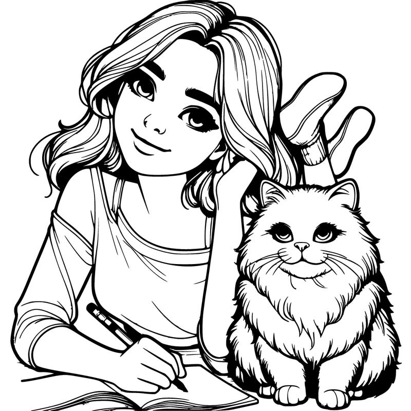 realistic girl chillin with her cat.