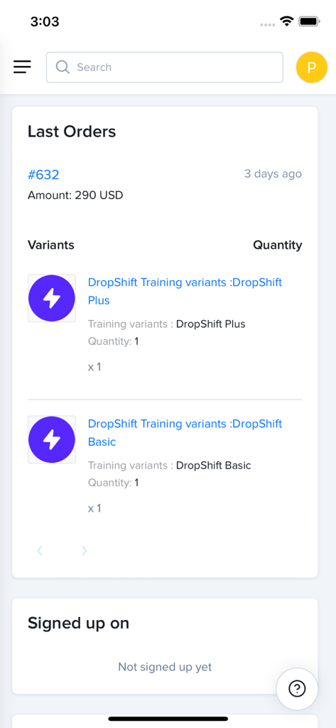 Lightfunnels - Eine mobile Oberfläche von Lightfunnels, die eine Liste der letzten Bestellungen anzeigt, einschließlich Transaktionsbeträgen und Produktvarianten