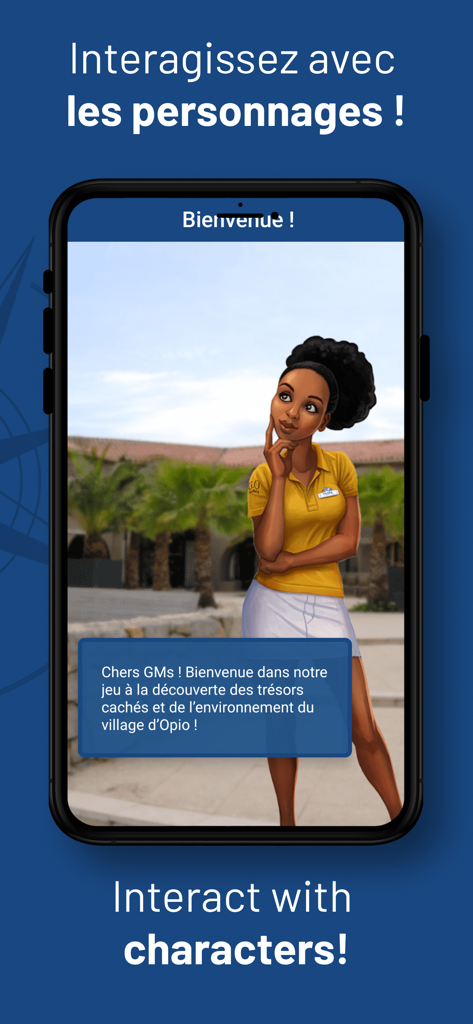 Club Med Play - Smartphone screen of Club Med Play app showing a resort staff character in a yellow polo shirt.