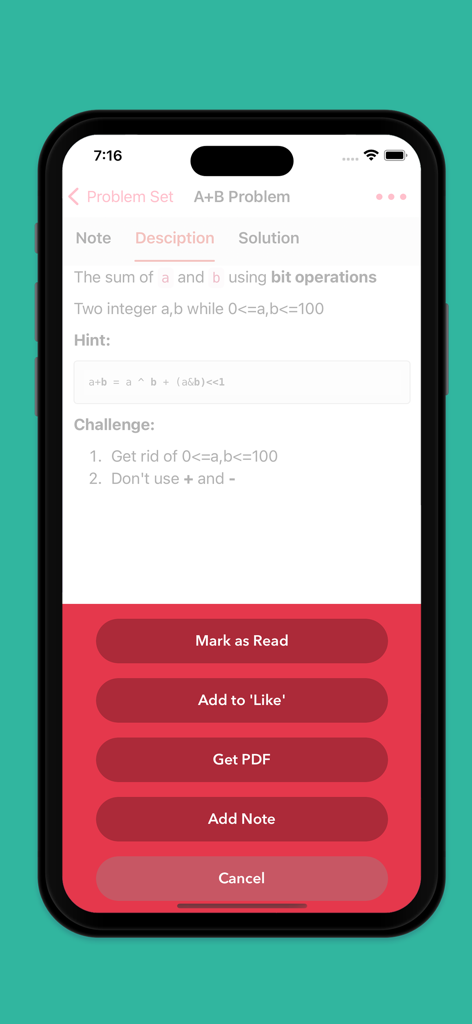 Leaflet for Swift&Algorithm - Leaflet-App-Oberfläche mit einer Algorithmus-Herausforderung zur Berechnung der Summe zweier Ganzzahlen mit bitweisen Operationen in Swift.
