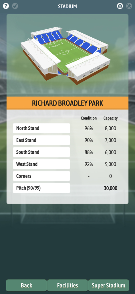 Football Chairman Pro 2 - Stadium management screen showing stand capacities and conditions in Football Chairman Pro 2