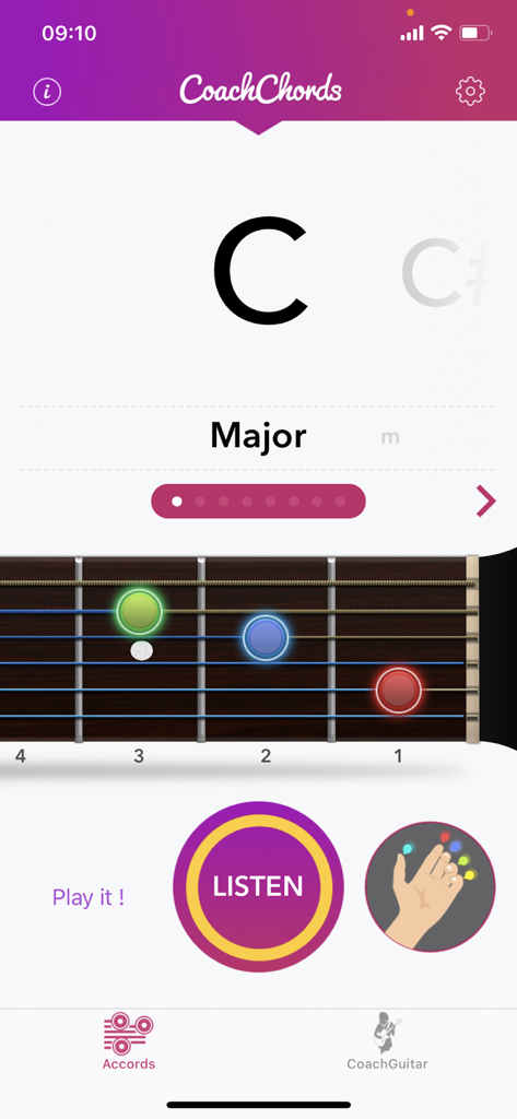 Guitar Chords: Chord ai finder - Interfaz de la aplicación CoachChords que muestra un acorde de Do Mayor de guitarra con posiciones de dedos codificadas por colores en un diapasón
