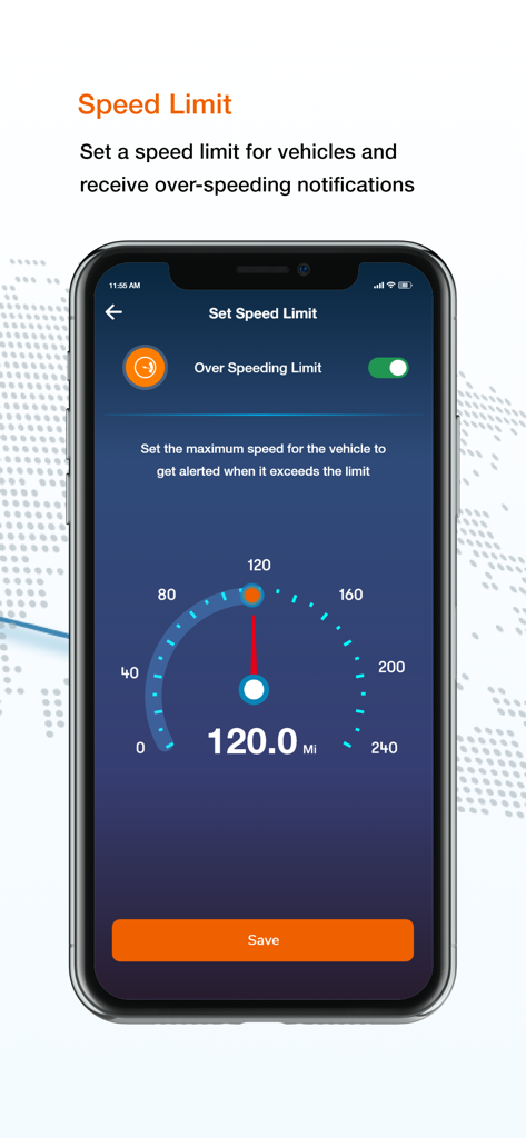 Amber Connect - Amber Connect app interface for setting vehicle speed limit notifications with a digital speedometer