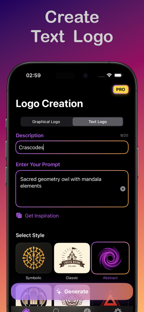 Vise AI - AI Logo Maker - Interface of the Vise AI app showing the text logo creation screen with prompt and style selection options