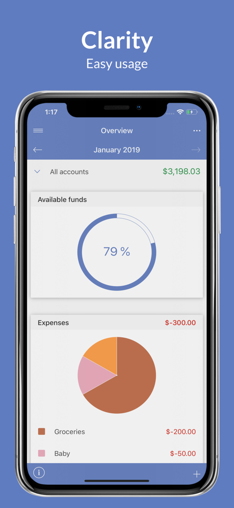 SayMoney - Budget & Expenses - Financial overview dashboard in the SayMoney app displaying available funds and expense categories with charts