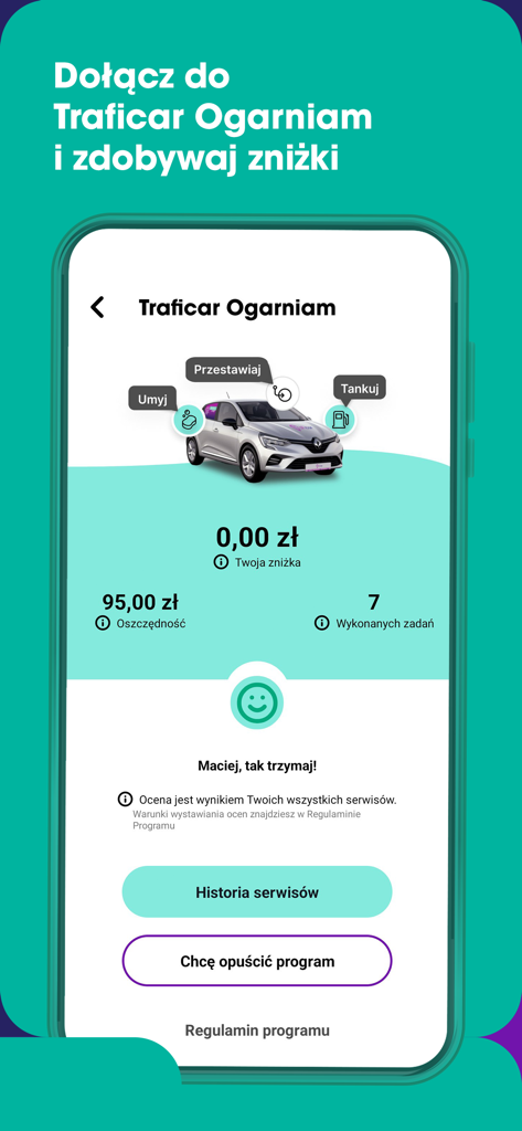 Interface da aplicação Traficar mostrando o programa de fidelidade e recompensas por completar tarefas de manutenção de carros