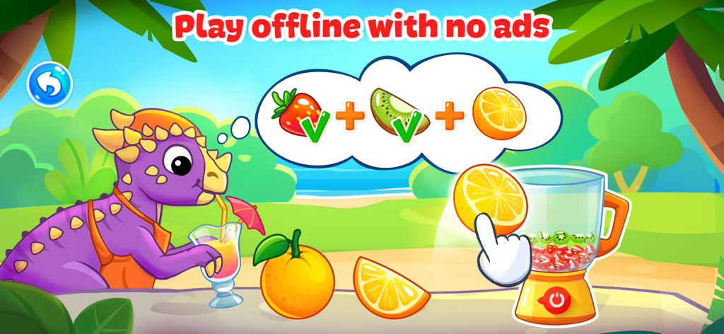 A purple dinosaur making a fruit smoothie in an educational game for toddlers