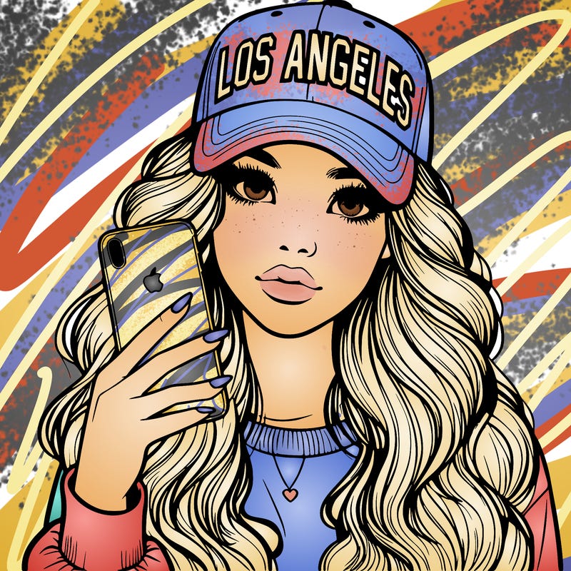 realistic beautiful girl wearing los ángeles cap holding an iphone