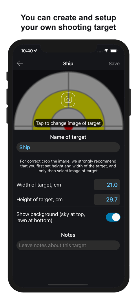 Stadiametric Rangefinder - Interface for creating and configuring a custom shooting target with specific dimensions in the Stadiametric Rangefinder app.