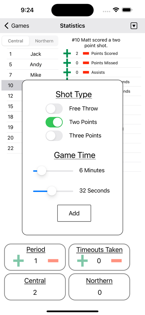 Basketball Analytics - 농구 분석 앱 내에서 슛 유형 및 경기 시간을 선택하는 화면