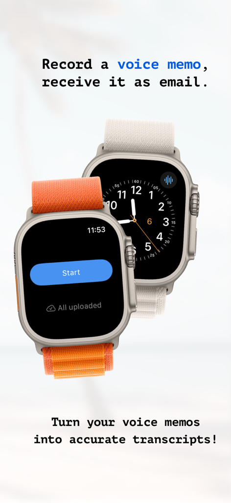 Whisper MemosアプリがApple Watchに表示され、音声メモの録音と文字起こし機能を示している